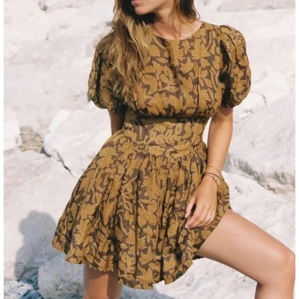 Hansen & Gretel Harmony Puffy Sleeve Mini Dress Cocoa Brown Leaf XL